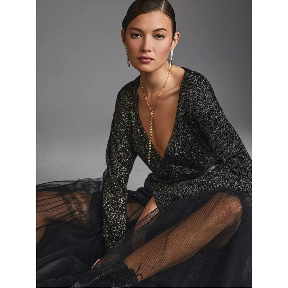 Velvet by Graham & Spencer Lurex Cotton Cashmere Blend Cardigan Black Metallic M